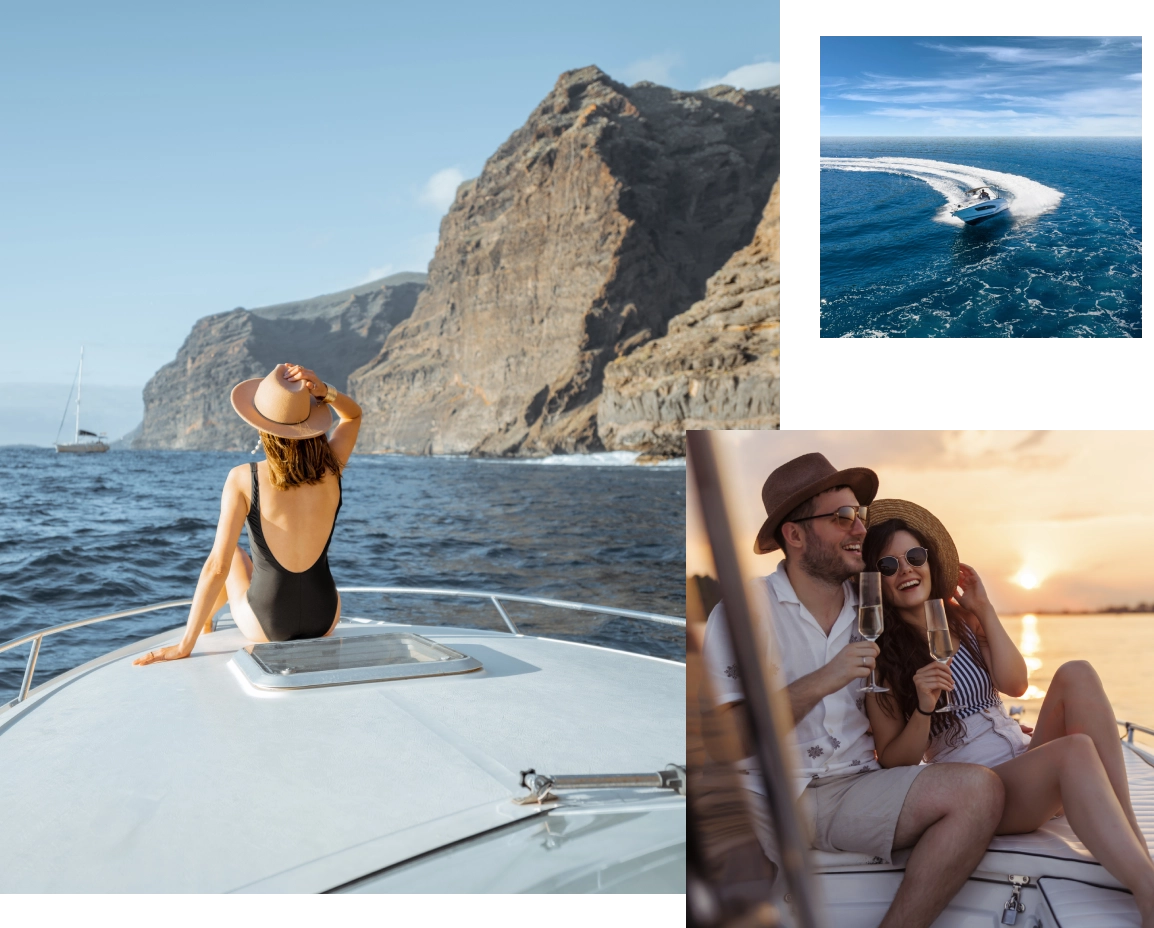 A collage of people on a boat in the ocean.