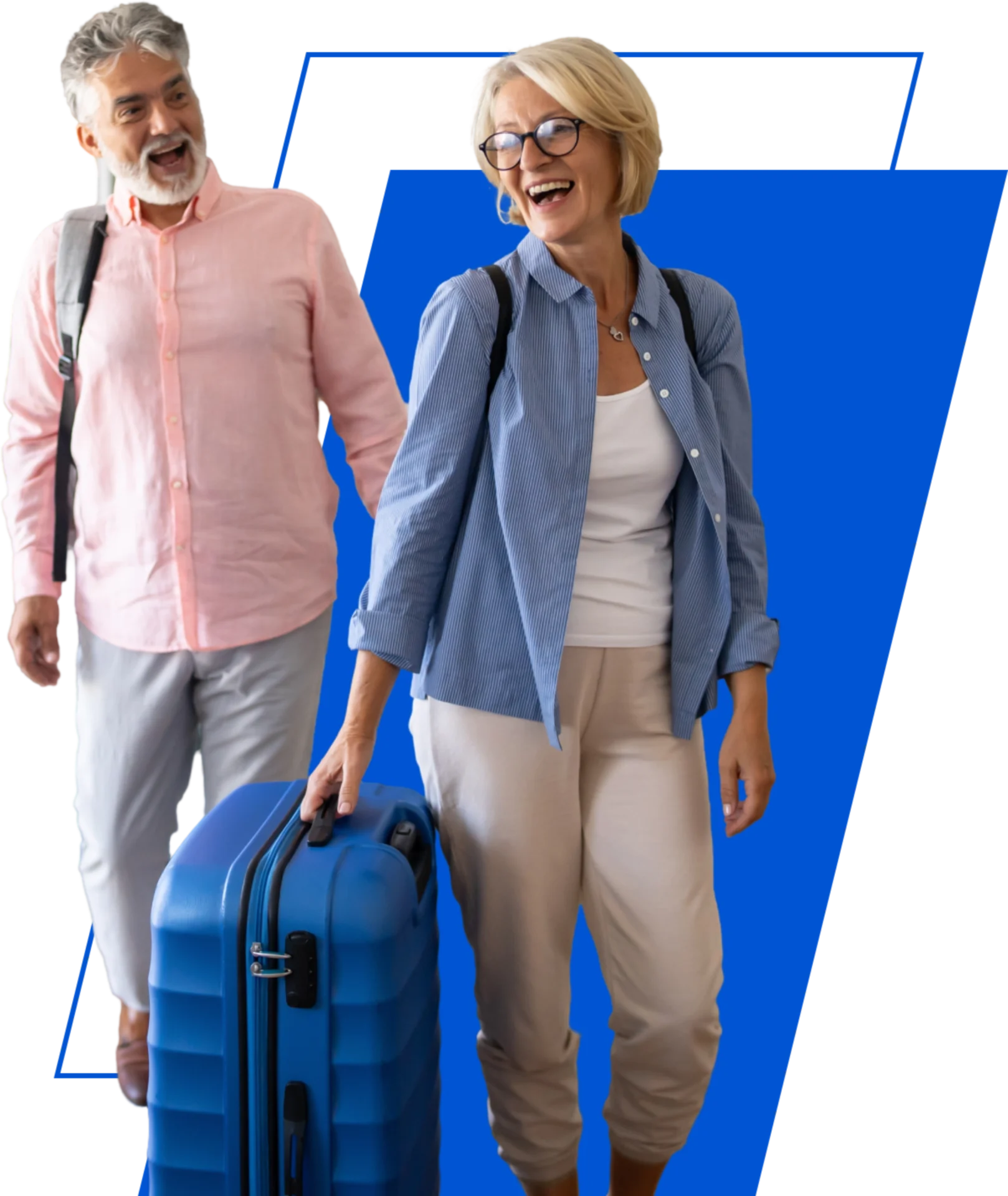 A man and woman walking with luggage.